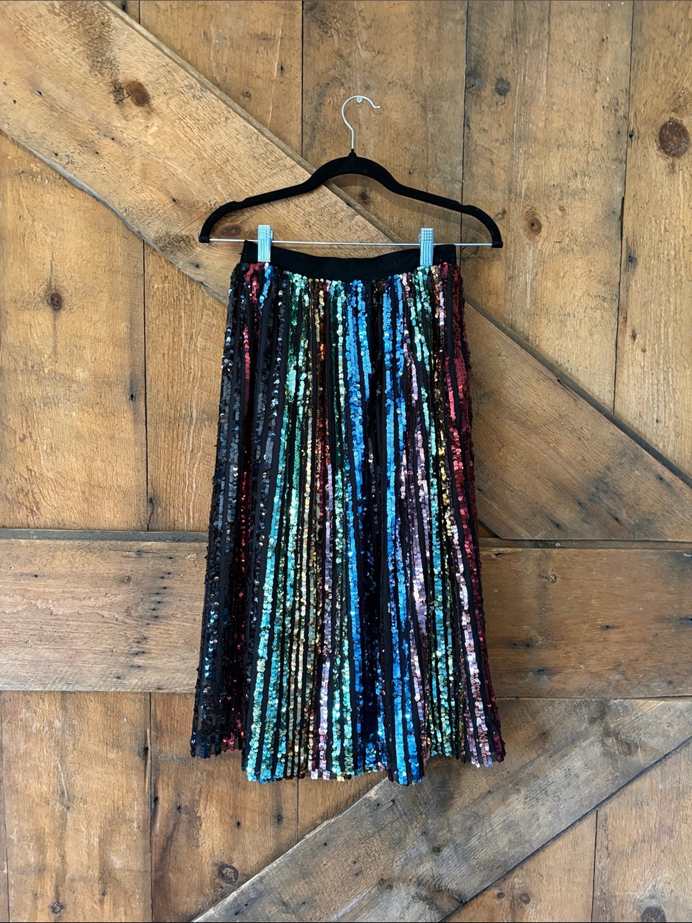 J.O.A. Multicolor Sequin Pleated Midi Skirt - Black Base with Rainbow Stripes